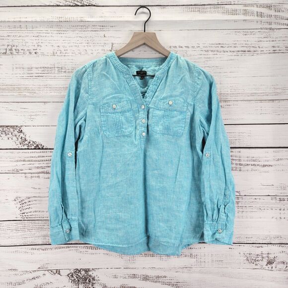 Talbots Linen Pintuck Popover Shirt Womens S Petite Blue Roll Tab Beach Minimal - Picture 1 of 8
